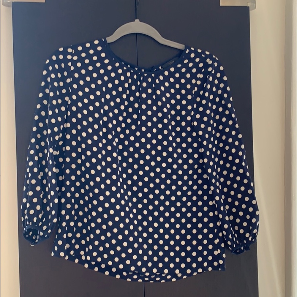 100% silk Jcrew navy blouse with white polka dots